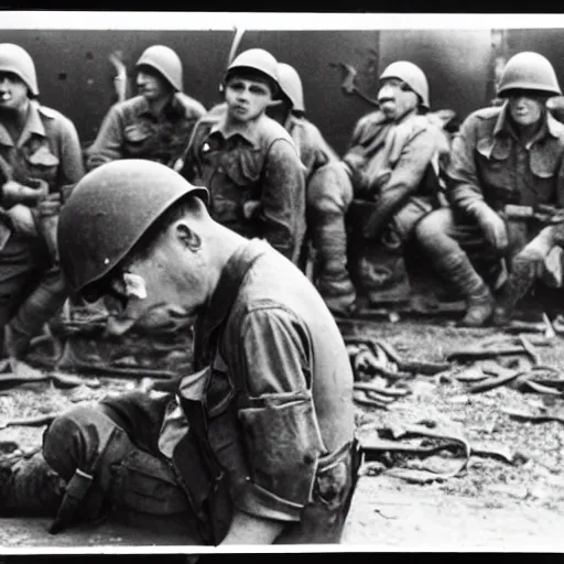 Prompt: A minion suffering from shell shock during world war 2, award-winning photograph