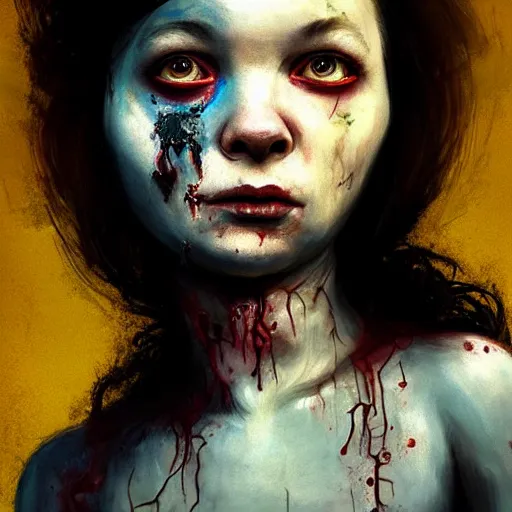Prompt: color head portrait of young early bjork as a zombie, 7 days to die zombie, gritty background, fine art, award winning, intricate, elegant, sharp focus, cinematic lighting, digital painting, 8 k concept art, art by michael hussar, art by brom, art by guweiz and z. w. gu, 8 k