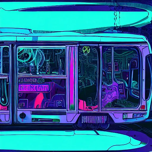 Image similar to an interdimensional travelling bus, cyberpunk aesthetic, abstract, highly - detailed