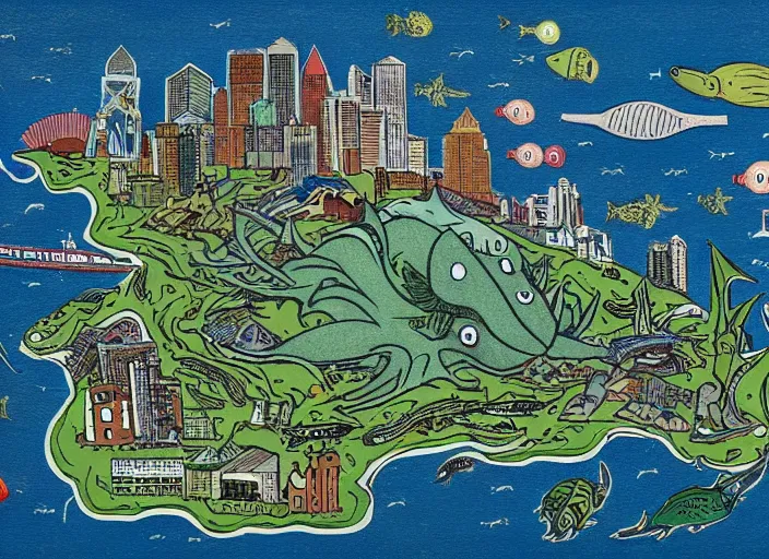 Prompt: seattle being attacked by a sea monster