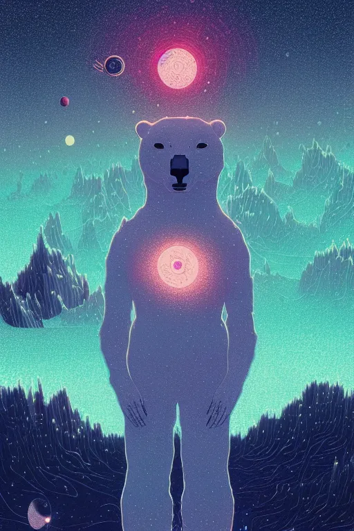 Prompt: humanoid polar bear looking at the stars on a distant planet, by victo ngai, kilian eng vibrant colours, dynamic lighting, digital art, winning award masterpiece, fantastically beautiful, illustration, aesthetically inspired by beksinski and dan mumford, trending on artstation, art by greg rutkowski, 8 k