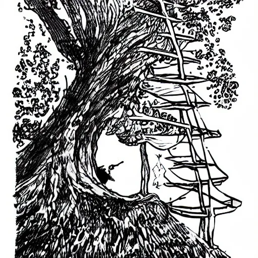 Image similar to neat ink drawing of cartoon wizard in robe and hat staying on the top of the tree, by Bill Waterson by Rutkowsky,