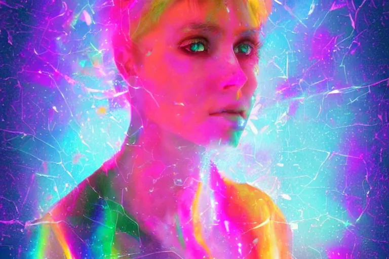 Prompt: photo of shattered glass in the shape of a woman, glows, colorful, rainbow colors, beautiful, artstation