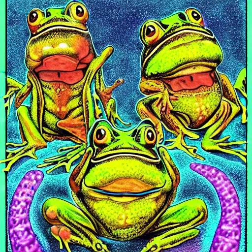 Prompt: fractal frogs screaming into the fractal teeth of argon wearing a toad's severed head for magic power up dmt trip in the style of lsd