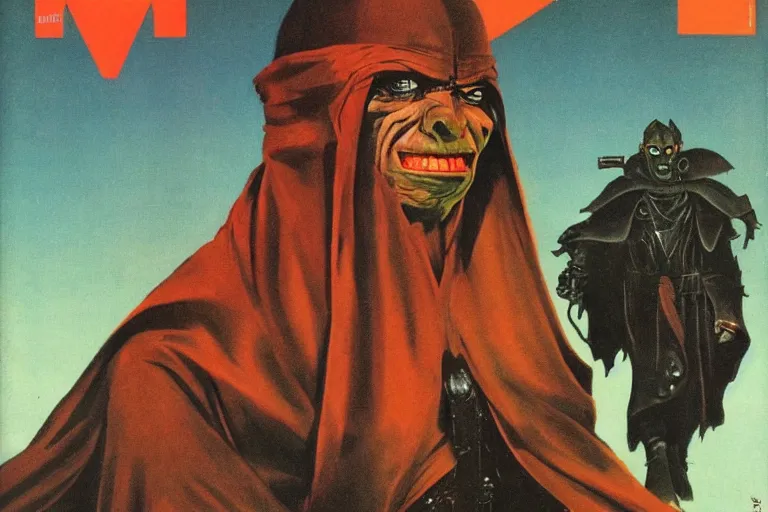 Image similar to 1979 OMNI Magazine Cover of a half-orc in monks robes. in cyberpunk style by Vincent Di Fate
