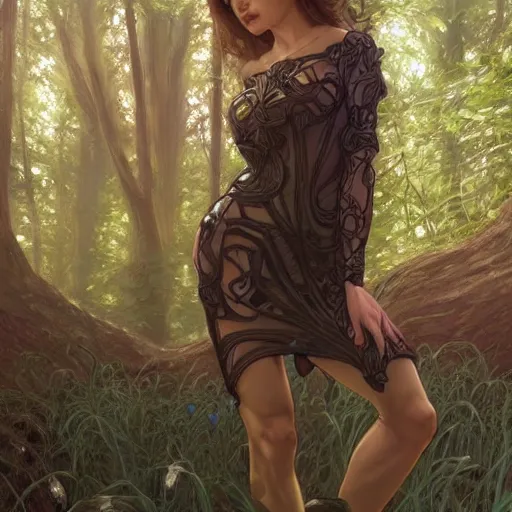 Image similar to full body portrait of a female wearing a skintight dress in a forest, large thighs, perfect face, beautiful! coherent!, intricate, elegant, highly detailed, digital painting, artstation, smooth, sharp focus, illustration, art by artgerm and greg rutkowski and alphonse mucha, 8 k