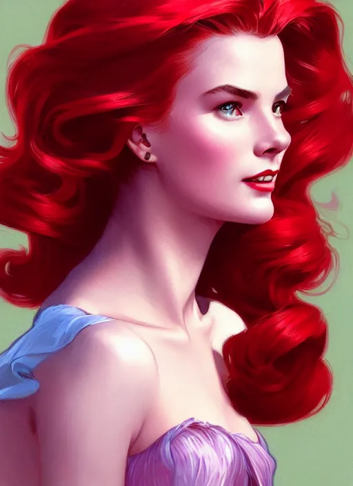 Prompt: Grace Kelly with vibrant red hair as Ariel, western, D&D, fantasy, intricate, elegant, highly detailed, digital painting, artstation, concept art, matte, sharp focus, illustration, art by Artgerm and Greg Rutkowski and Alphonse Mucha, masterpiece, stunning, artstation