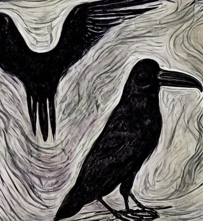 Prompt: epic digital art, realistic, extreme detail, by edvard munch of artistic form coming into being as two elements are successfully fused, raven bird.