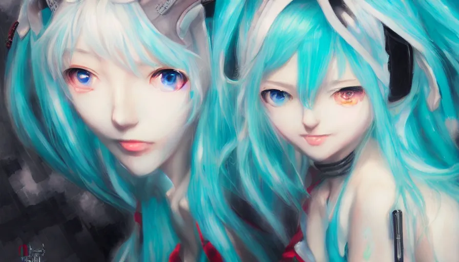 Image similar to hatsune miku, creativity, oil painting by jama jurabaev, extremely detailed, brush hard, artstation, for aaa game, high quality, brush stroke