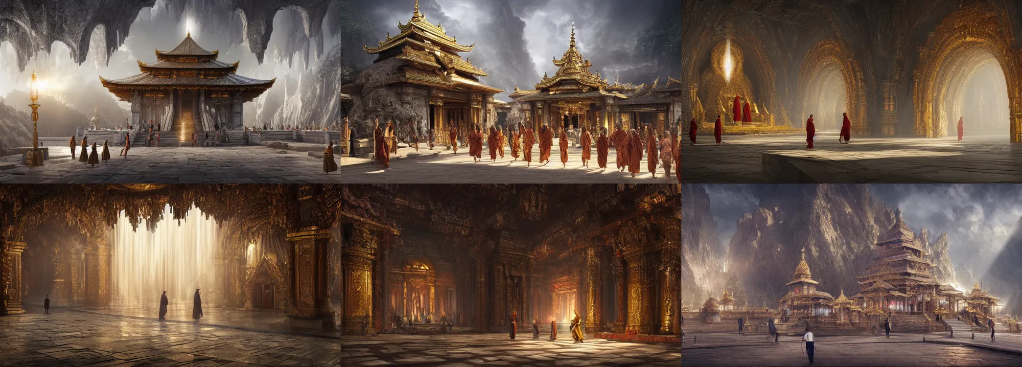 Prompt: a temple made of shiny metal and crystals, light coming from the entrance, monks passing by, matte painting in the style of Daniel Dociu
