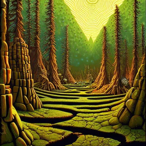 Image similar to an ancient futuristic druidic village in the woods, painting by jeffrey smith