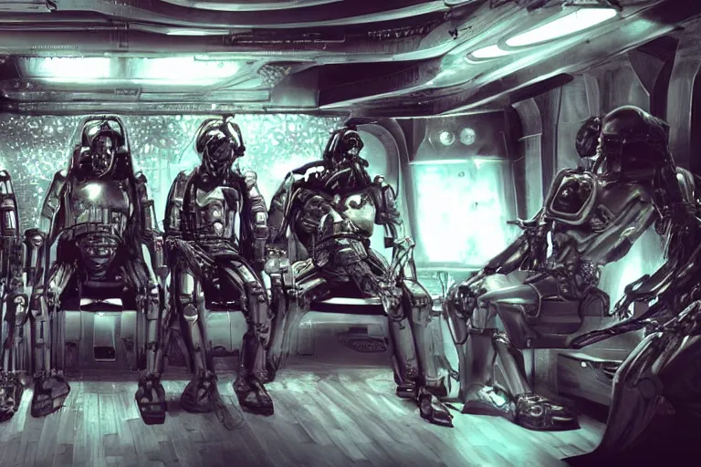 Prompt: sci-fi cinematography of cybernetic space soldiers sitting in an alien bar. By Emmanuel Lubezki