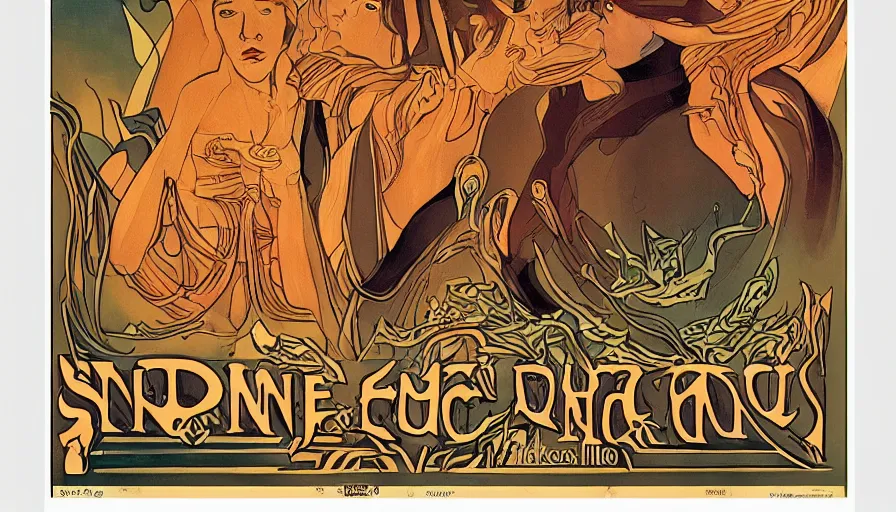 Image similar to art nouveau poster selling spice from the planet dune with sandworm arrakis fremen in corners