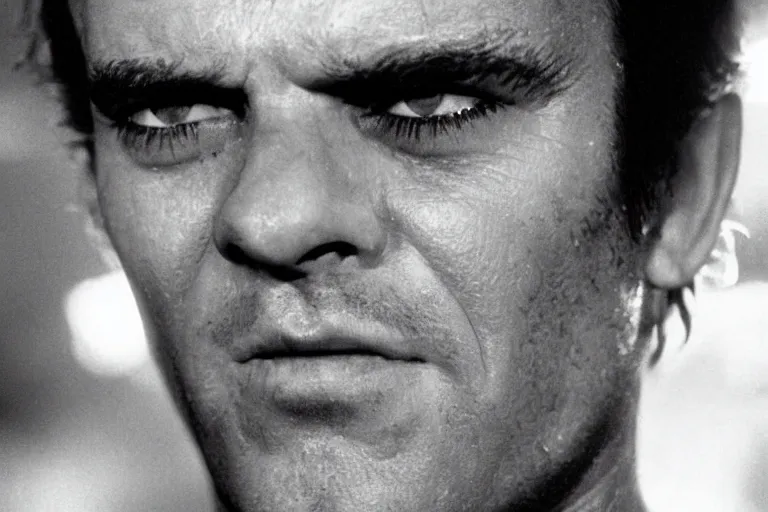 Prompt: A young Jack Nicholson on blade runner 1982, movie still, face close-up,