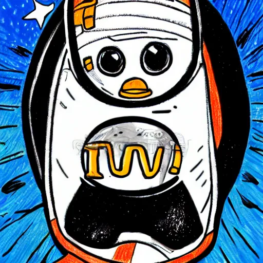 Image similar to cute drawing of a penguin on an astronaut suit, comic style