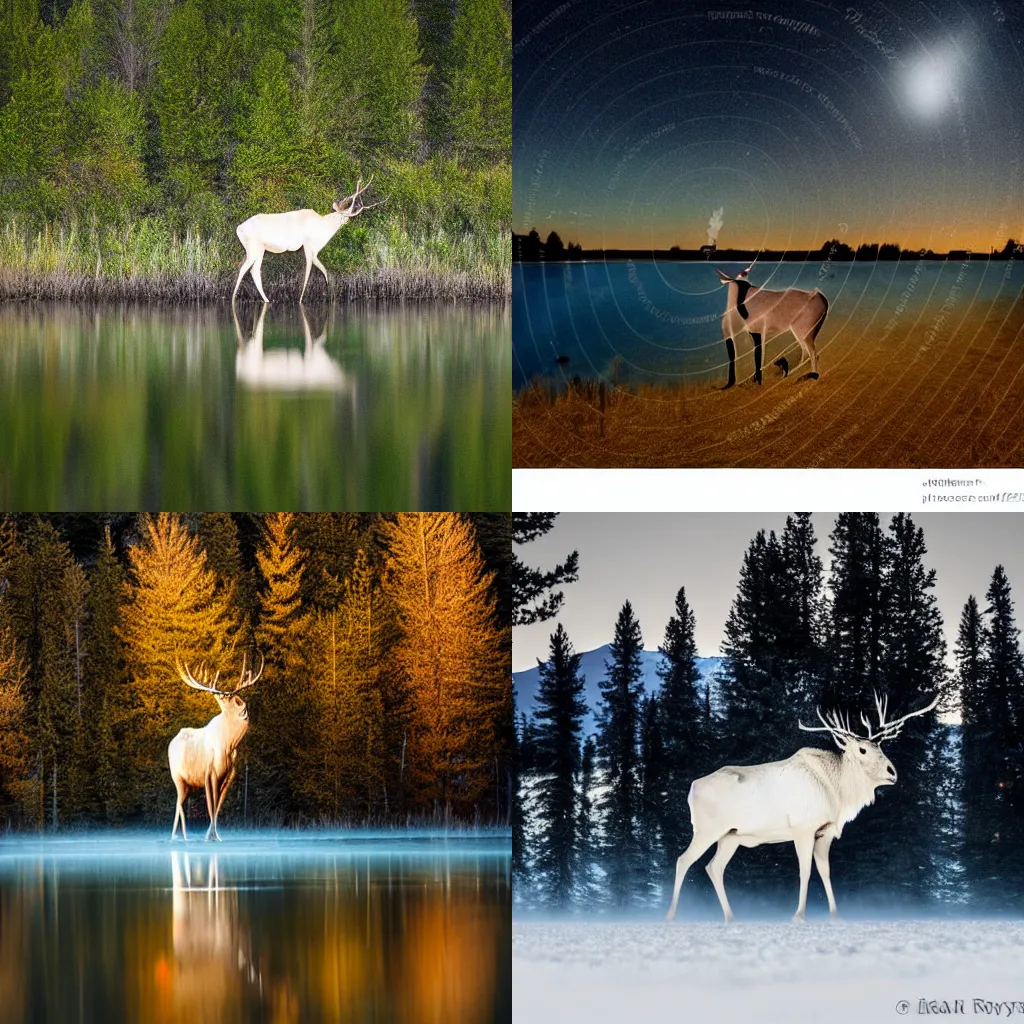 Prompt: a glowing in the dark white elk walks at night on the surface of the lake in the rays of moonlight, wide angle, bottom view,