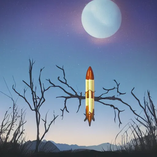 Prompt: abandoned rocket ship, distant knotted branches, distant mountains, early golden hour, extremely detailed