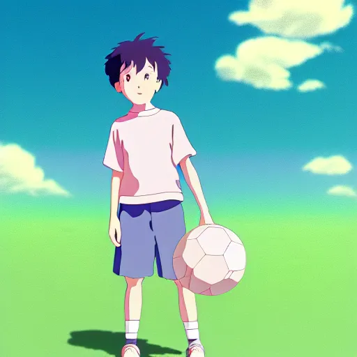 Image similar to a young boy with ball with a pastel aesthetic, studio ghibli, character design, fantasy, 8 k resolution