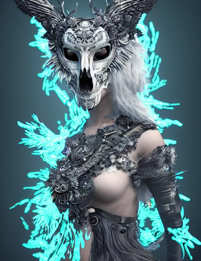 Image similar to 3 d goddess medium shot portrait with raven skull. beautiful intricately detailed avante garde wolf mask and electro sorceress outfit. neon moths, bio luminescent, frost, splash,, creature, artwork by tooth wu and wlop and beeple and greg rutkowski