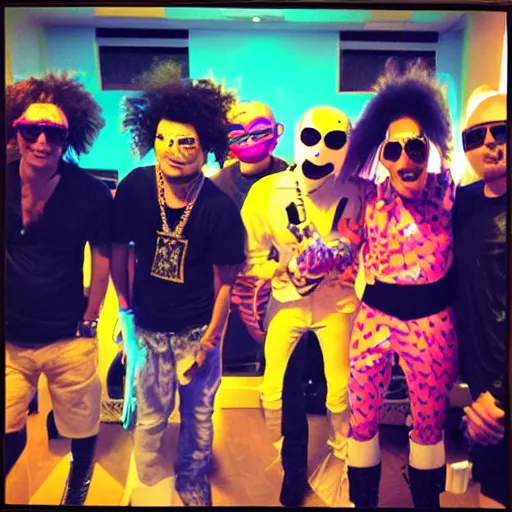 Prompt: <photo>party rockin with the LMFAO robot</photo>