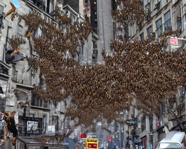 Prompt: swarm of flying imps. infestation in the city. city dwellers run for their lives. terrorist attack.