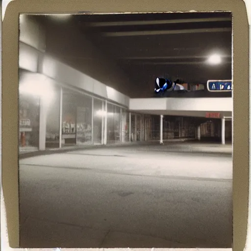 Prompt: polaroid photo of an abandoned kmart store at night, flash photography