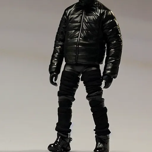 Image similar to action figure of kanye west using a full face covering black mask, a small, tight, undersized reflective bright red round puffer jacket made of nylon, dark jeans pants and big black balenciaga rubber boots, action figure, 5 points of articulation, full body, 4 k, highly detailed