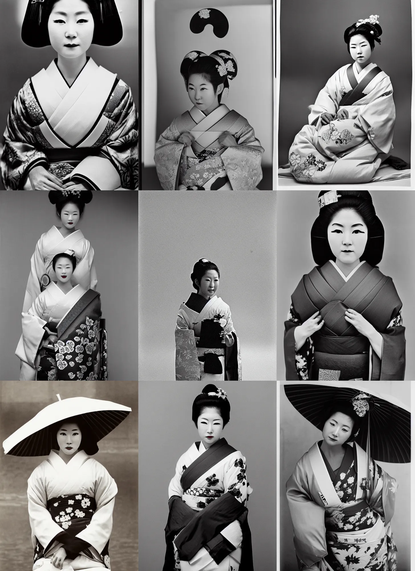 Prompt: Portrait Photograph of a Japanese Geisha Kodak Eastman Double-X Black and White Negative Film 5222