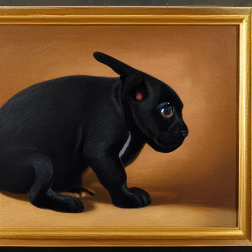 Prompt: oil in canvas of a puppy dog, a black rabbit and a siamese cat,