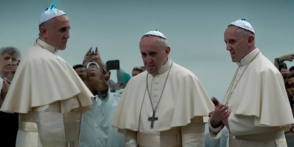 Image similar to film frame of the pope and eminem doing a rap freestyle 4 k quality rule of thirds eminem's face detail cinematic color grading by christopher nolan