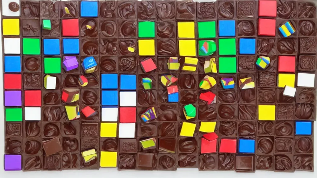 Image similar to unsolved rubik's cube made of various colored chocolate,