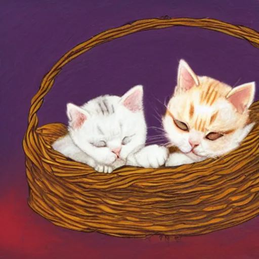 Prompt: two kittens sleeping in a basket, spray paint, warm color palette, happy