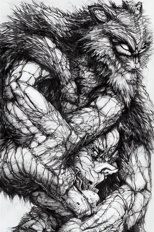 Prompt: A cute baby werewolf eating , pen and ink, intricate line drawings, by Yoshitaka Amano, Ruan Jia, Kentaro Miura, Artgerm, watercolor