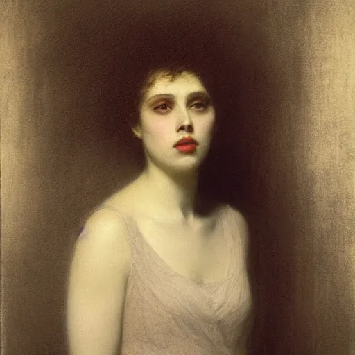 Prompt: portrait of scarlet johansson by eugene carriere, thomas dewing, lord leighton