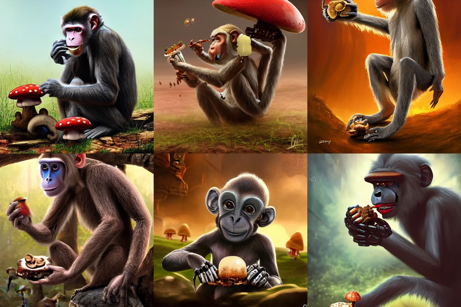 Prompt: robot robot monkey monkey eating eating mushroom mushroom, digital painting, concept art, 4k, realistic, realistic face, stunning, beautiful, detailed render, masterpiece, dramatic, film, cinematic