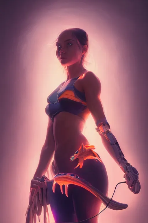 Image similar to portrait of a girl with a biomechanic scale fish and neon light by Artgerm and Greg Rutkowski , digital painting, highly detailed, trending on artstation