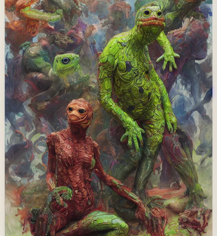 Prompt: brie larson as a brightly colored amphibian with wet mutated skin. she is trying on a infected organic alien suit. by tom bagshaw, donato giancola, hans holbein, walton ford, gaston bussiere, peter mohrbacher and iris van herpen. 8 k, cgsociety