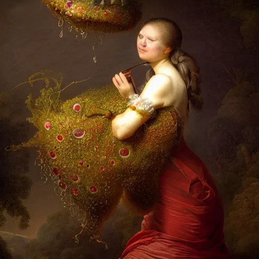 Image similar to wonderful world of carnivorous plant eating a woman, the woman has a beautiful face. photographed in high resolution, 8k, by fragonard