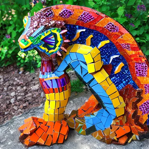 Image similar to mosaic sculpture of a alebrije chimera!!!, irregularly shaped large mosaic tiles, recycled pottery shards, in the style of folk art, in a cottagecore flower garden