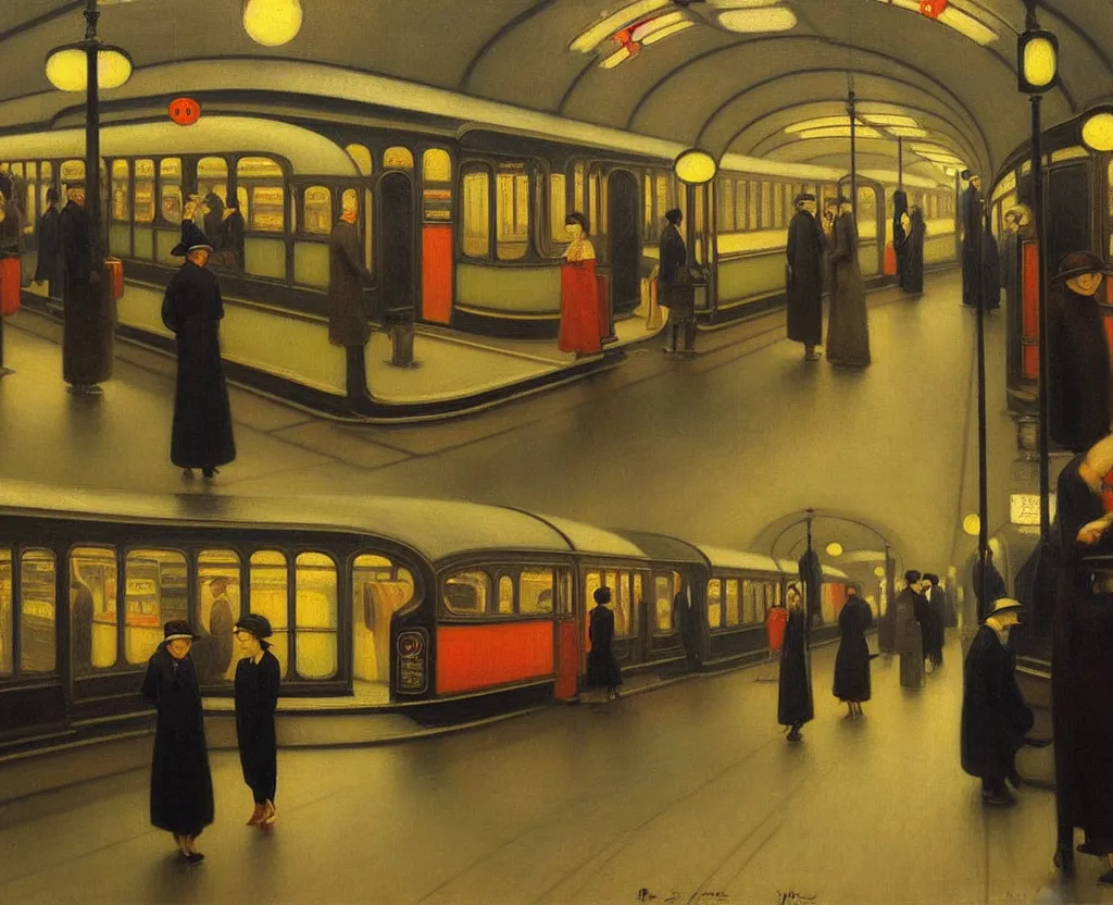 Prompt: achingly beautiful oil painting of 1 9 2 0 s london tube by kawase, hopper, and dali. detailed, intricate.