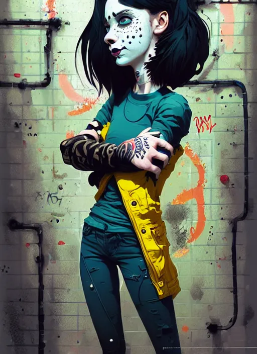 Prompt: highly detailed portrait of a sewer punk student lady with white graffiti face paint by atey ghailan, james gilleard, by joe fenton, by greg rutkowski, by greg tocchini, by kaethe butcher, 4 k resolution, gradient yellow, black, brown and cyan color scheme, grunge aesthetic!!! ( ( dystopian graffiti tag wall in background ) )