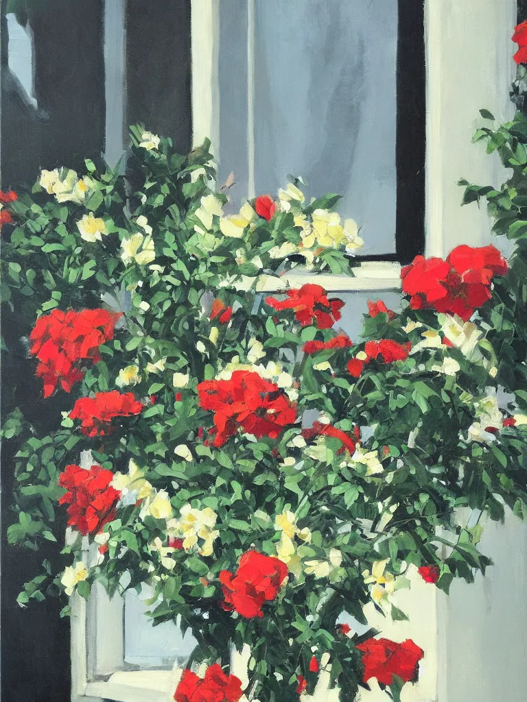 Image similar to gorgeous flowers by Ben aronson, oil on canvas, evening, window with art nouveaucurtains