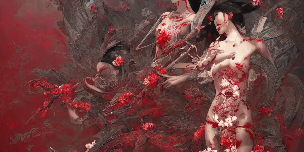 Image similar to breathtaking detailed red gardian mao dictature cyberpunk death heall concept art painting art deco pattern of birds goddesses amalmation flowers, by hsiao ron cheng, tetsuya ichida, bizarre compositions, exquisite detail, extremely moody lighting, 8 k, art nouveau, old chines painting