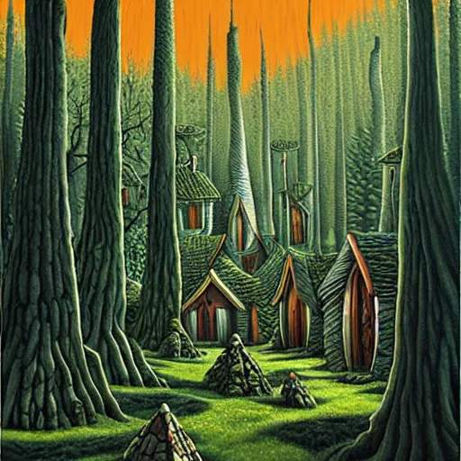 Prompt: an ancient druidic village in the woods, painting by jeffrey smith