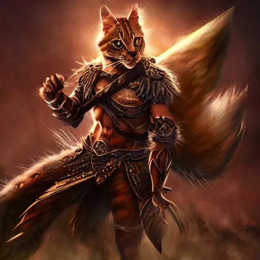 Image similar to a hyper realistic cat warrior, ultra detailed, magic the gathering art, digital art, cinematic, studio lighting, background battlefield, fantasy,