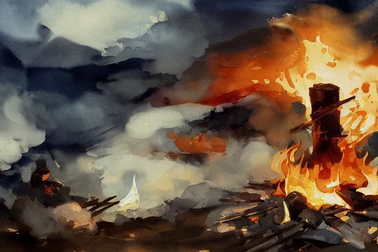 Prompt: small centered on white watercolor paper, paint brush strokes, abstract watercolor painting of scandinavian smoking bonfire, smoke, nightfall sharp light, cinematic light, american romanticism by hans dahl, by jesper ejsing, by anders zorn, by greg rutkowski, by greg manchess, by tyler edlin