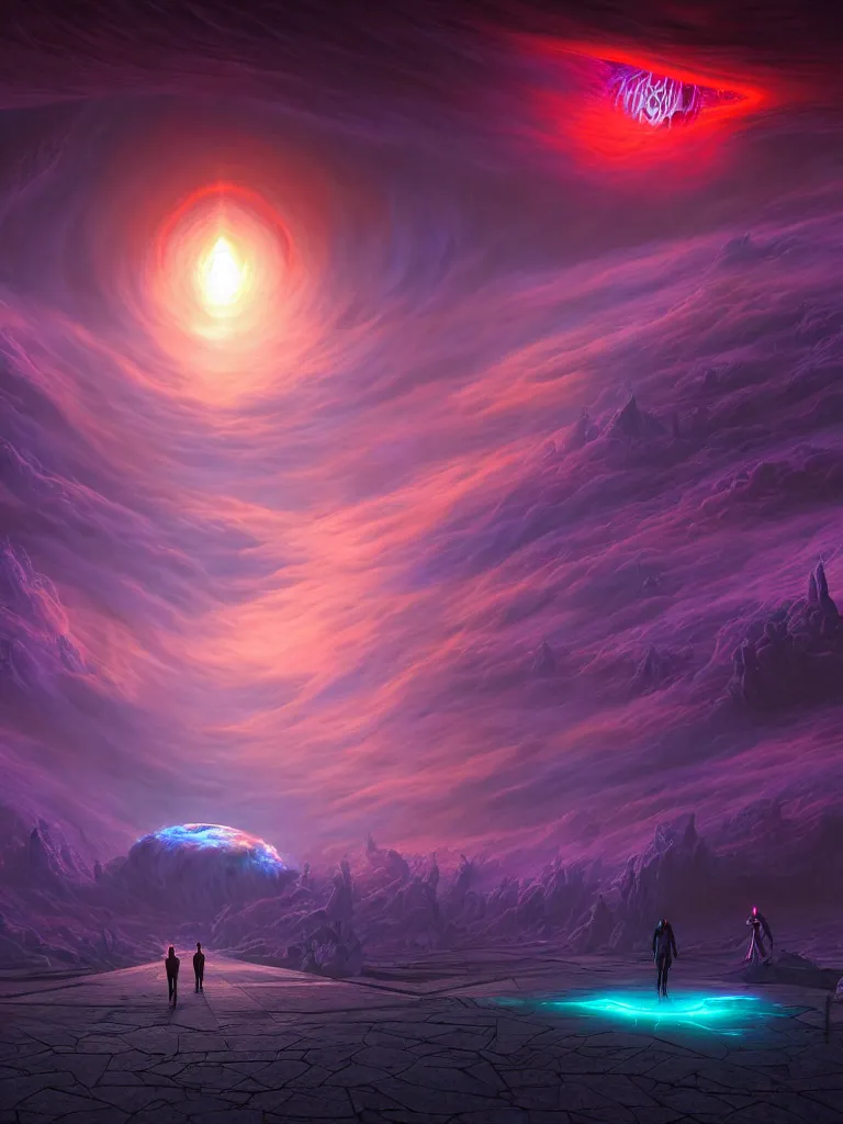 Image similar to entrance to ethereal realm, god waiting, rendered in unreal engine, central composition, symmetrical composition, dreamy colorful cyberpunk colors, 6 point perspective, fantasy landscape with anthropomorphic!!! terrain!!! in the styles of igor morski, jim warren, and rob gonsalves, intricate, hyperrealistic, volumetric lighting, big sky, distinct horizon