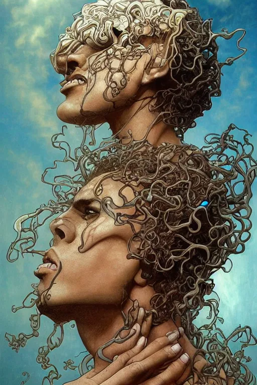 Image similar to a young mexican man with curly hair, by artgerm and yoshitaka amano and moebius and hr giger and zdislaw beksinski and alphonse mucha, hyperdetailed, symmetry, glamour, surreal, dc comics, ornate, stunning, nebula, explosions in the sky, trending on artstation