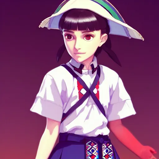 Image similar to a beautiful! boyish! natalie portman model, wearing catholic school girl outfit with mayan pattern and native style, jrpg aztec street fashion, gapmoe yandere grimdark, trending on pixiv fanbox, painted by greg rutkowski makoto shinkai takashi takeuchi studio ghibli, akihiko yoshida