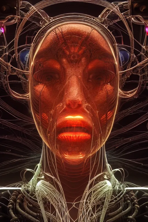 Image similar to a centered render of an alien bio - organic landscape adorned with cables and synthesizer parts is surrounded by sacred geometry, bio - mech face, powerful, cinematic, beautifully lit, by artgerm, by h. r. giger, 3 d, trending on artstation, octane render, 8 k